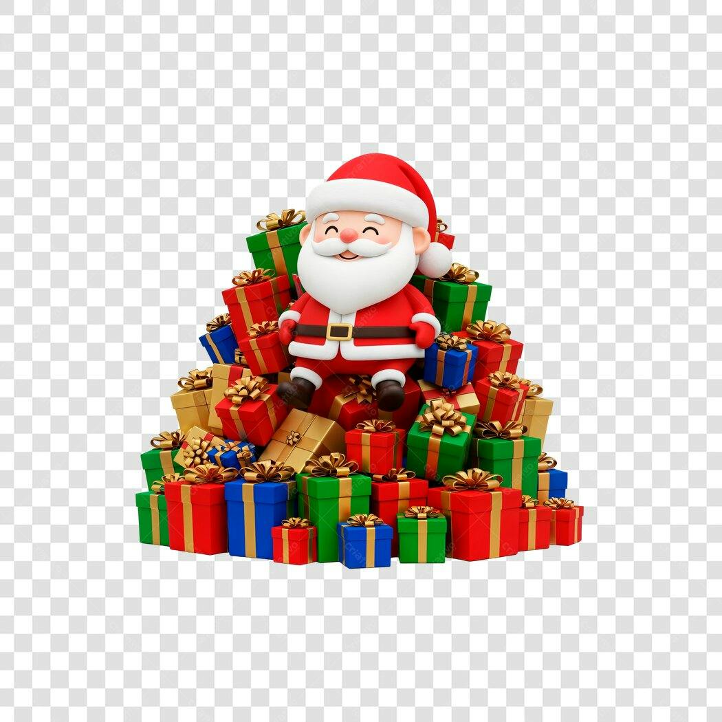 Personagem 3D Papai Noel Feliz com Montanha de Presentes Natalinos PNG Fundo Transparente