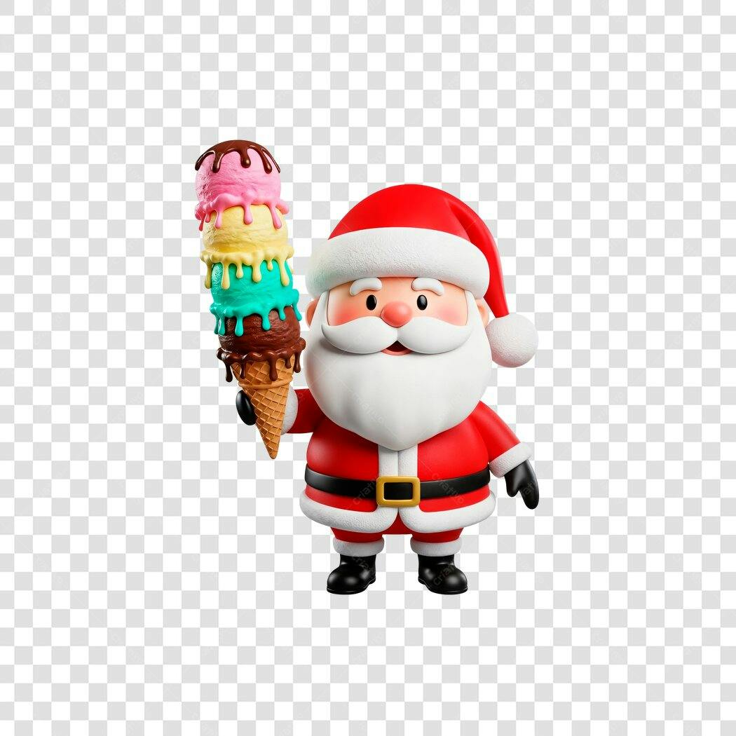 Personagem 3D Papai Noel feliz com sorvete colorido para o Natal PNG com fundo transparente
