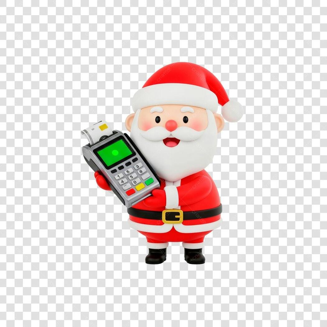 Ilustração Papai Noel 3D com Maquininha de Cartão Vendas Natal PNG com fundo transparente