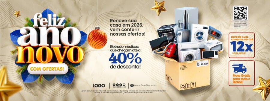 Banner Feliz Ano Novo com Ofertas de Eletrodomésticos PSD Editável