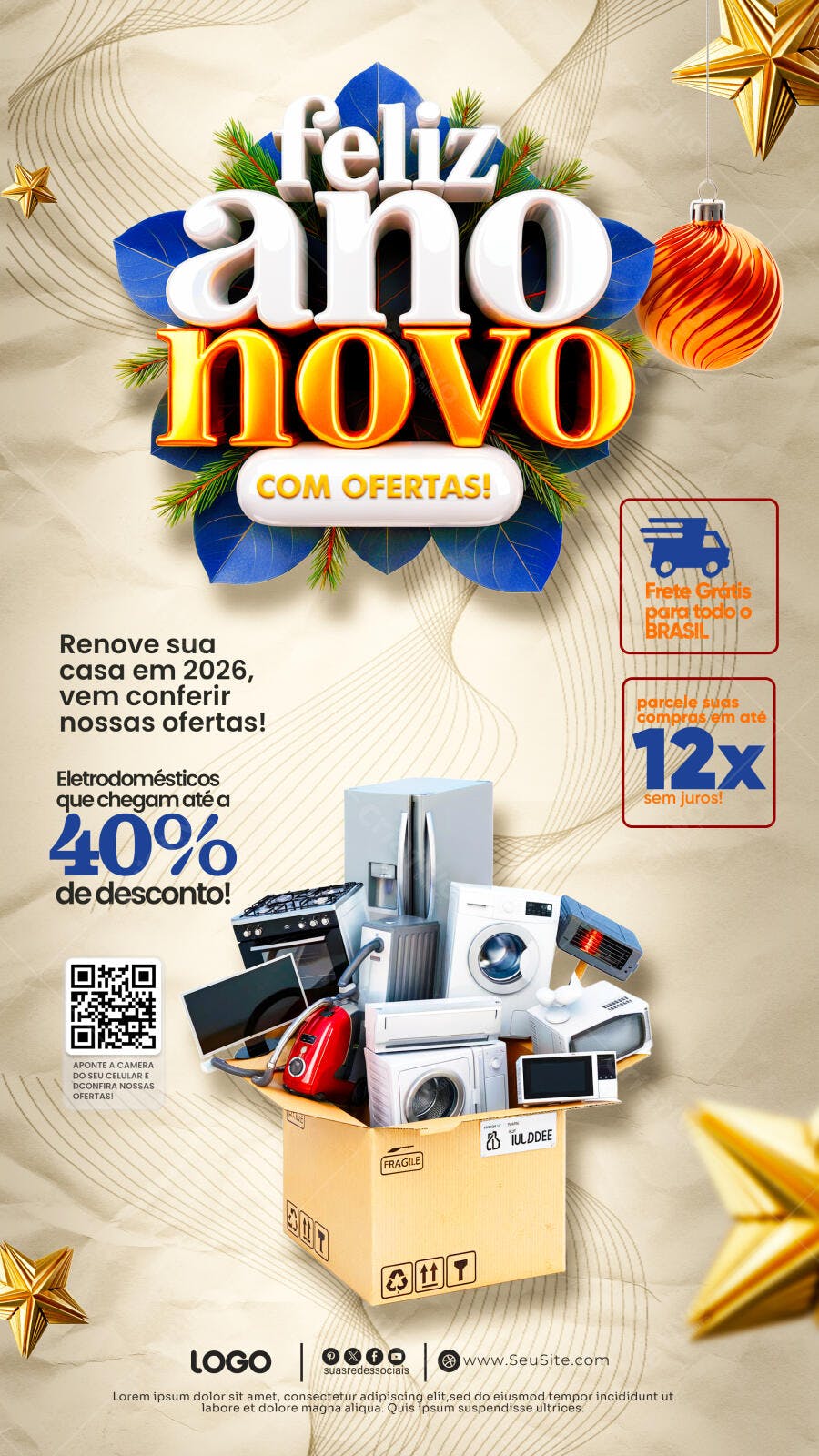 Flyer de Ano Novo com Ofertas de Eletrodomésticos PSD Editável