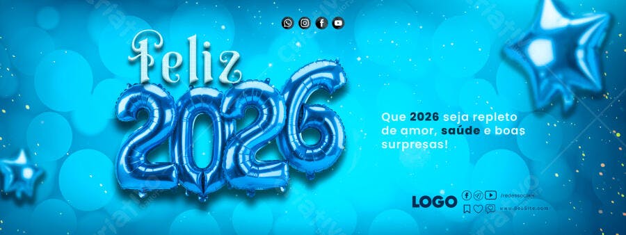 Banner Social Ano Novo 2026 Balões Azuis Festivos PSD Editável