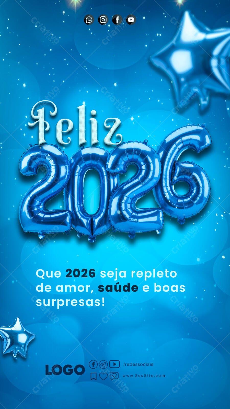 Post para Redes Sociais Ano Novo 2026 Balões Azuis PSD Editável