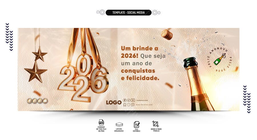 Flyer Digital Ano Novo 2026 Dourado Celebração Champanhe PSD Editável