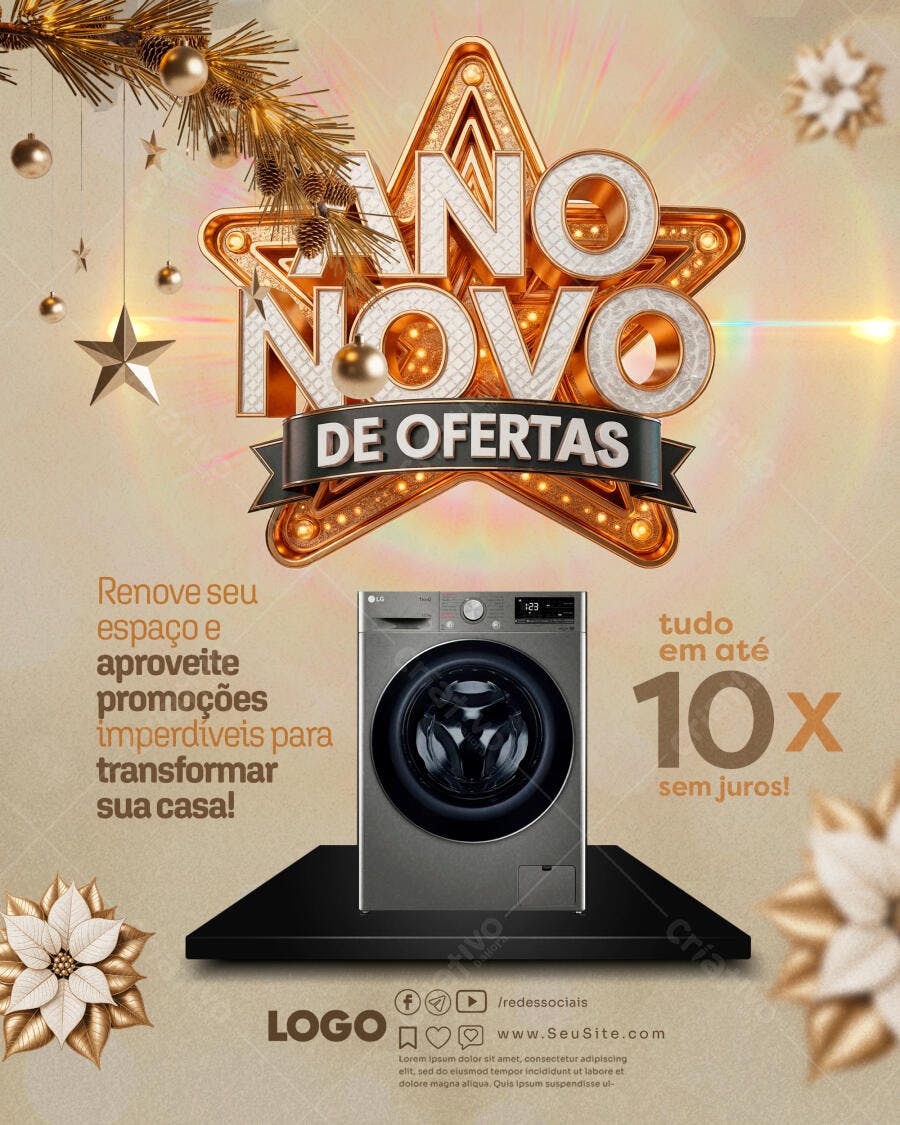 Post de Redes Sociais Ano Novo de Ofertas Lavadora PSD Editável