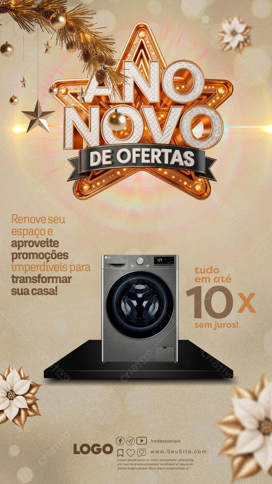 Flyer Ano Novo de Ofertas com Máquina de Lavar PSD Editável
