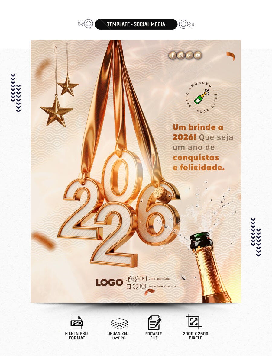 Flyer Festivo para Ano Novo 2026 Dourado com Champagne PSD Editável