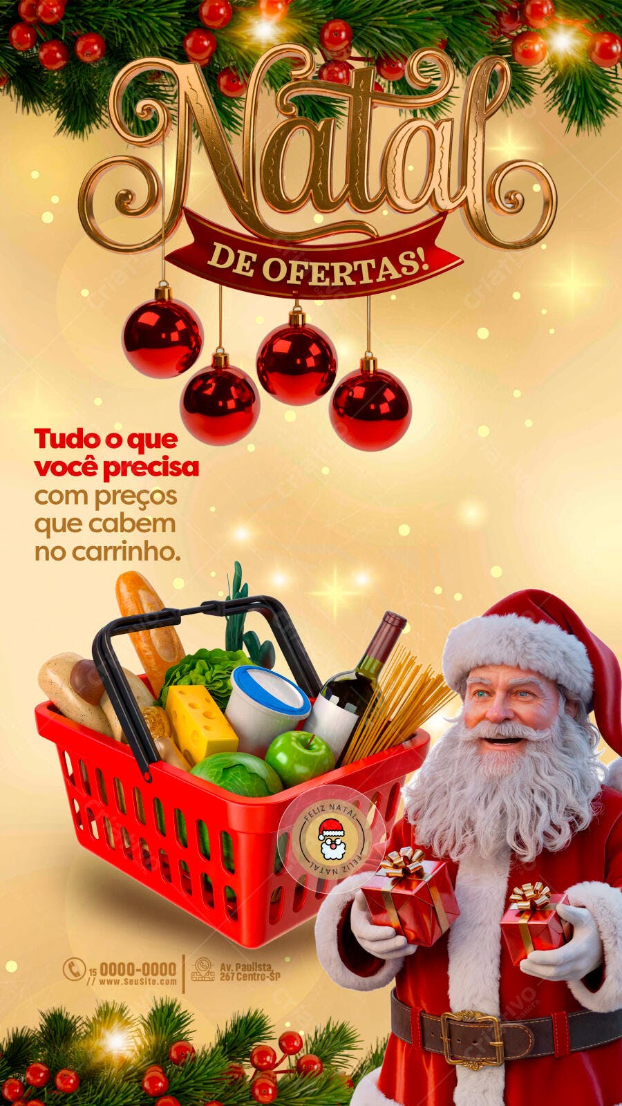 Flyer Natal de Ofertas Supermercado com Papai Noel PSD Editável