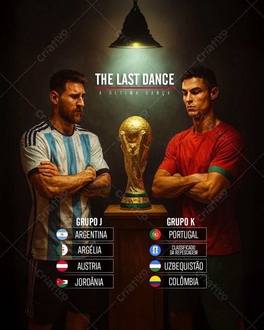 Flyer Copa do Mundo A Última Dança Messi Ronaldo Grupos PSD Editável