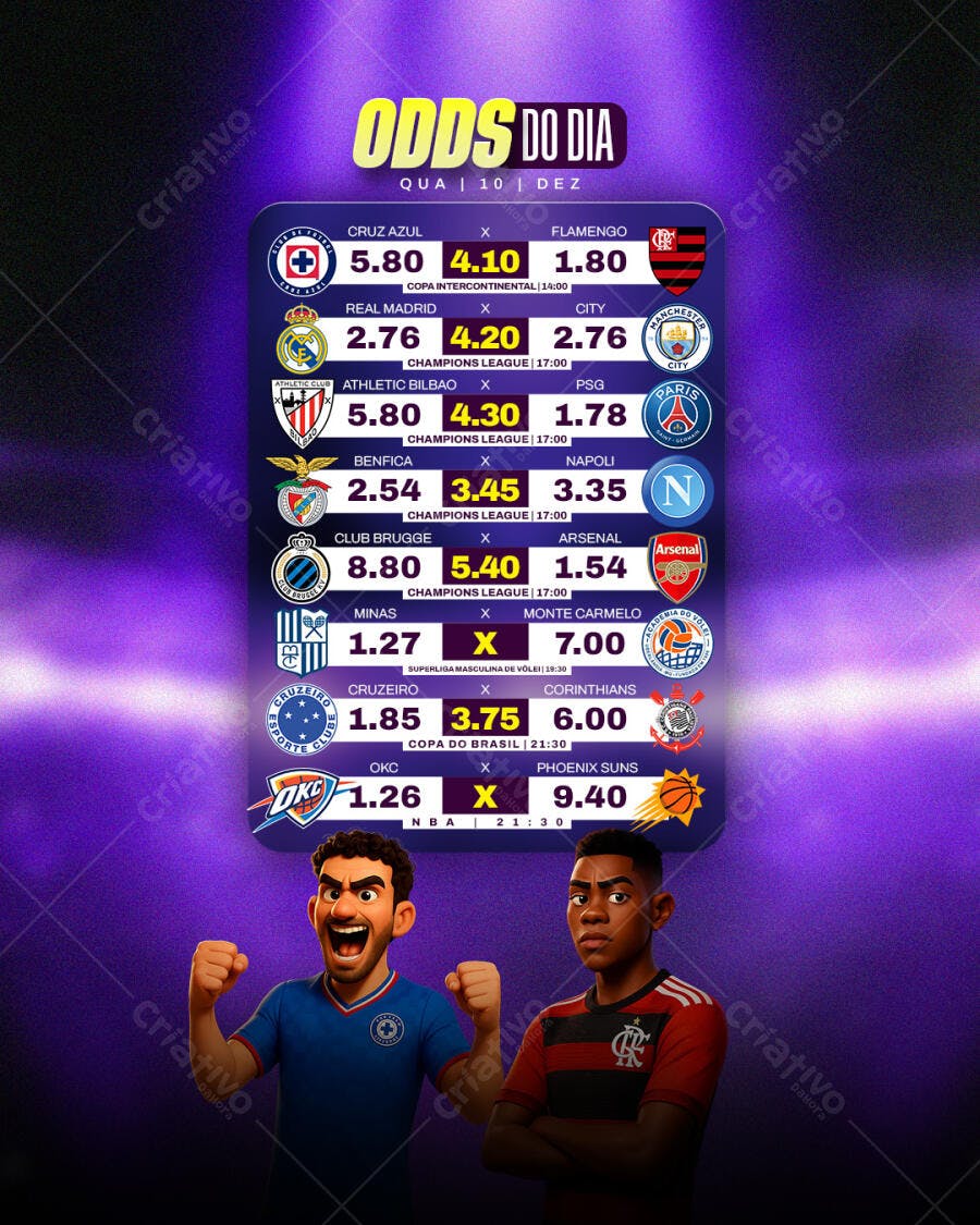 Social Media Post Odds do Dia Futebol Basquete Vôlei PSD Editável
