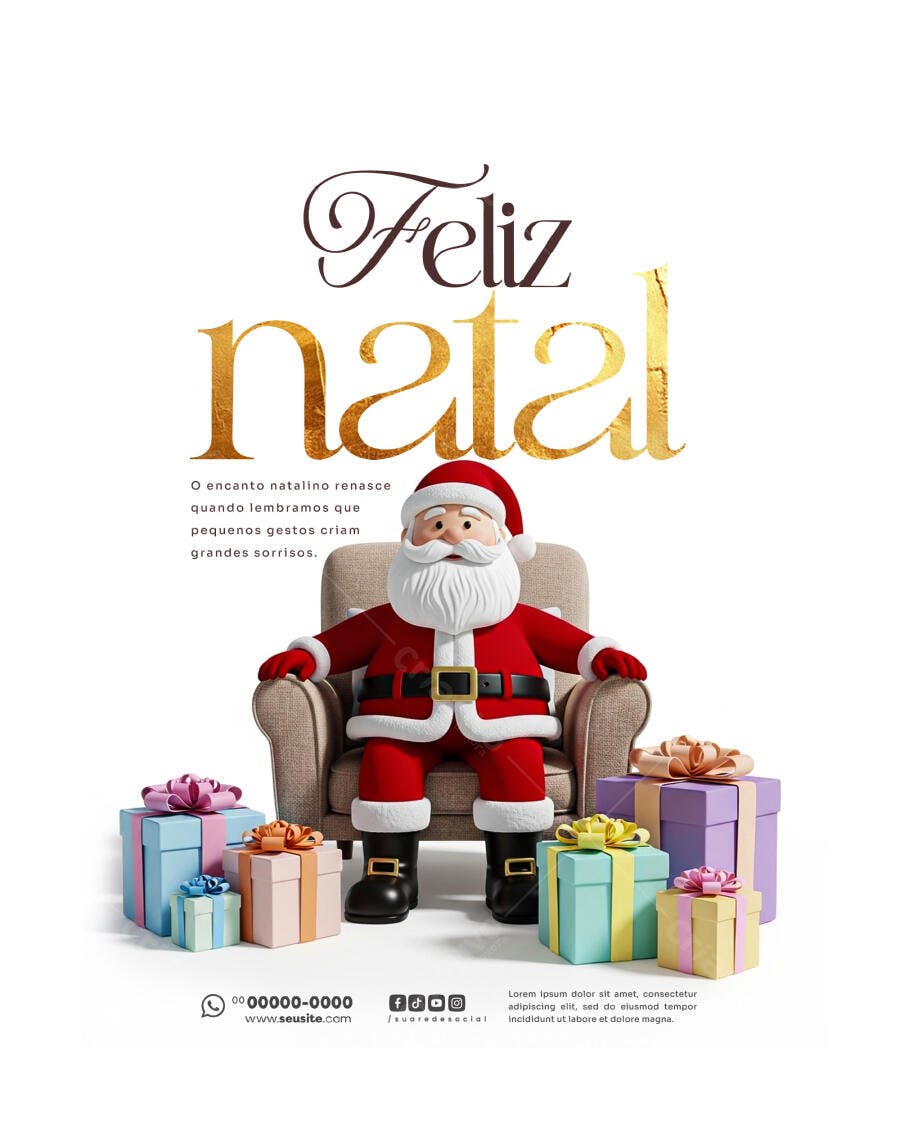 Flyer Natalino com Papai Noel 3D e Caixas de Presente PSD Editável
