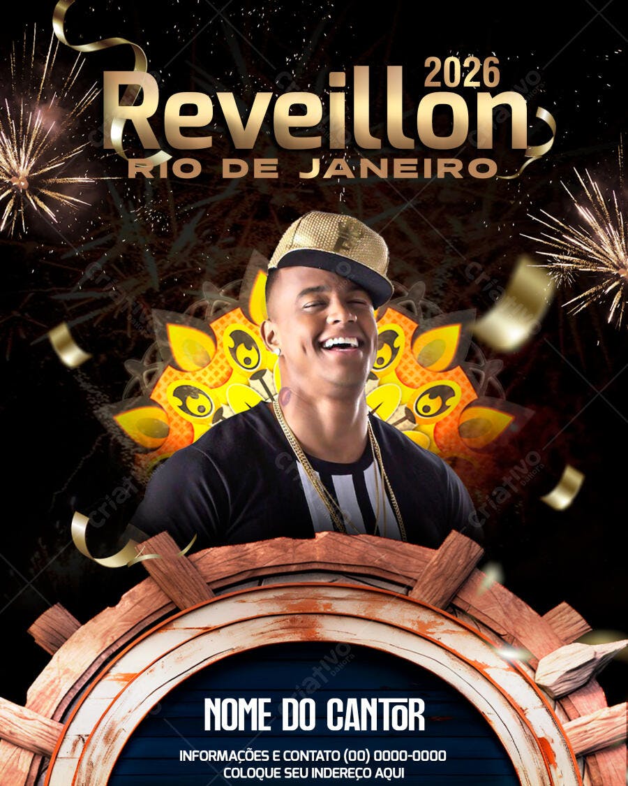 Flyer Réveillon 2026 Rio de Janeiro com Cantor e Fogos PSD Editável