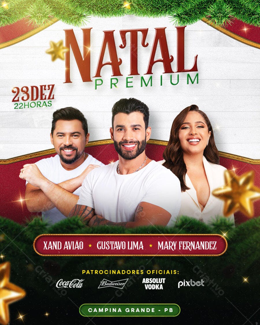 Cartaz de Show Natal Premium com Xand Avião Gustavo Lima Mary Fernandez PSD Editável
