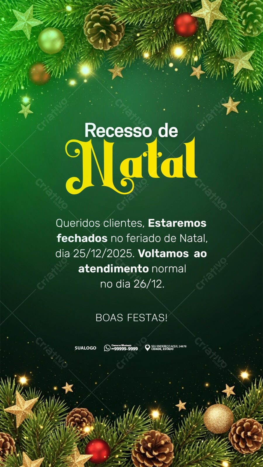 Story Recesso de Natal Decoração Festiva Verde Dourado PSD Editável