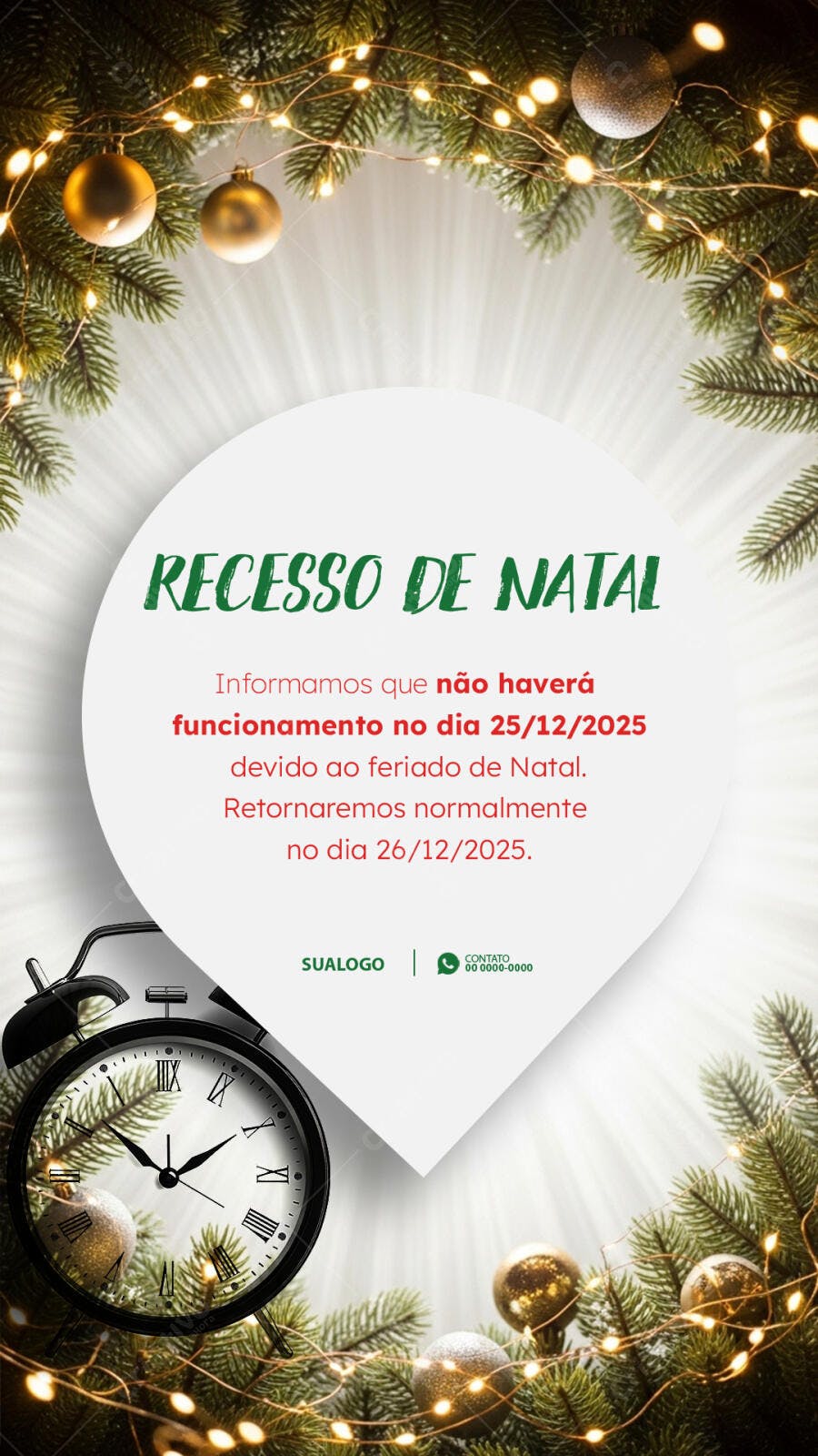 Story de Recesso de Natal com Pinheiros e Relógio PSD Editável