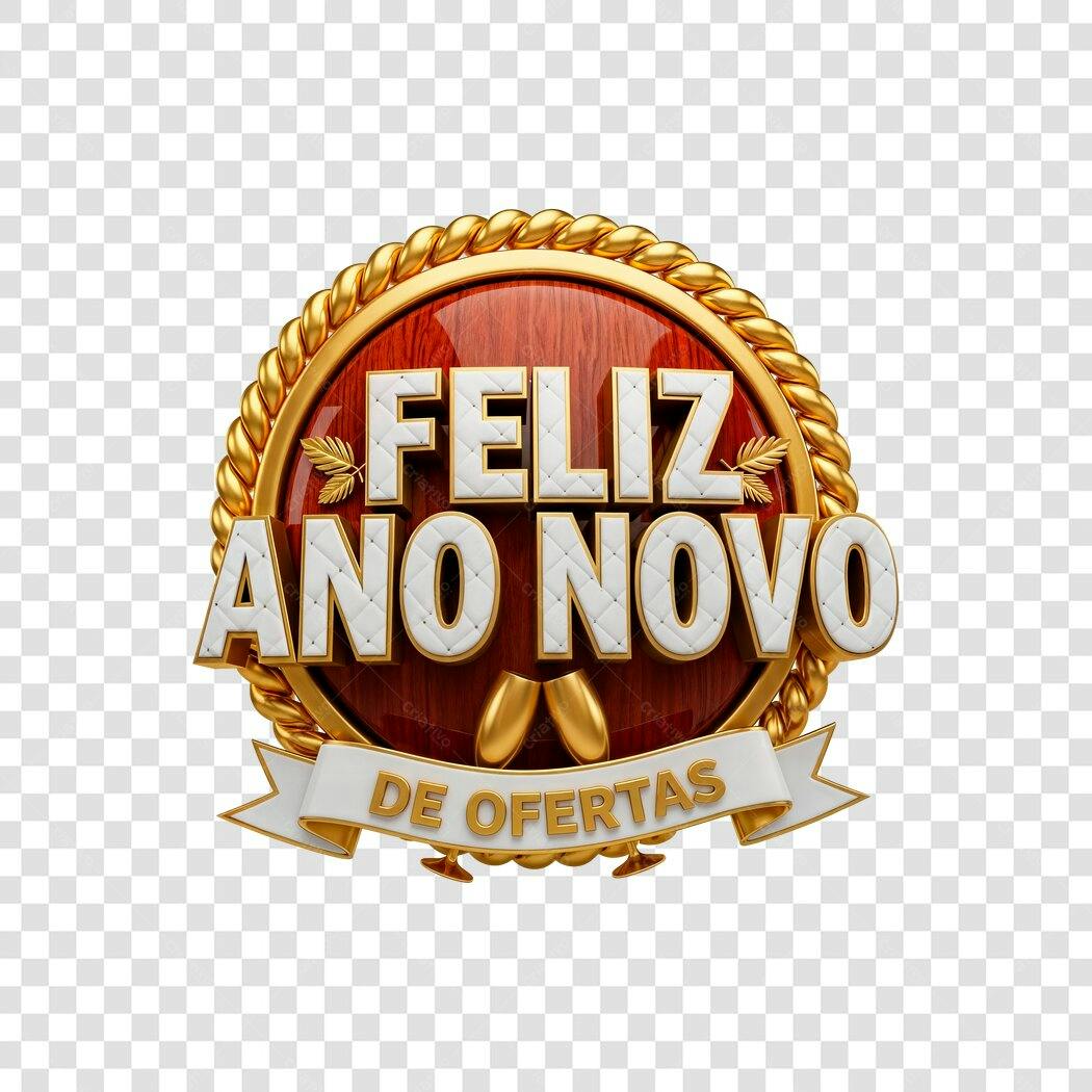 Selo Feliz Ano Novo de Ofertas dourado e branco PNG com fundo transparente