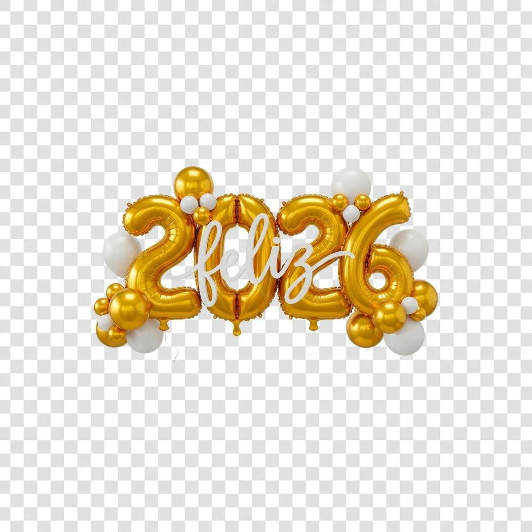 Elemento Gráfico Feliz 2026 Balões Dourados e Brancos PNG com fundo transparente