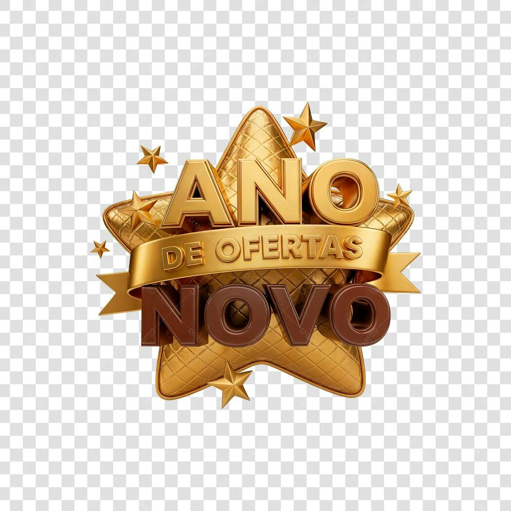 Selo Promocional Ano Novo de Ofertas 3D Dourado e Marrom PNG com fundo transparente