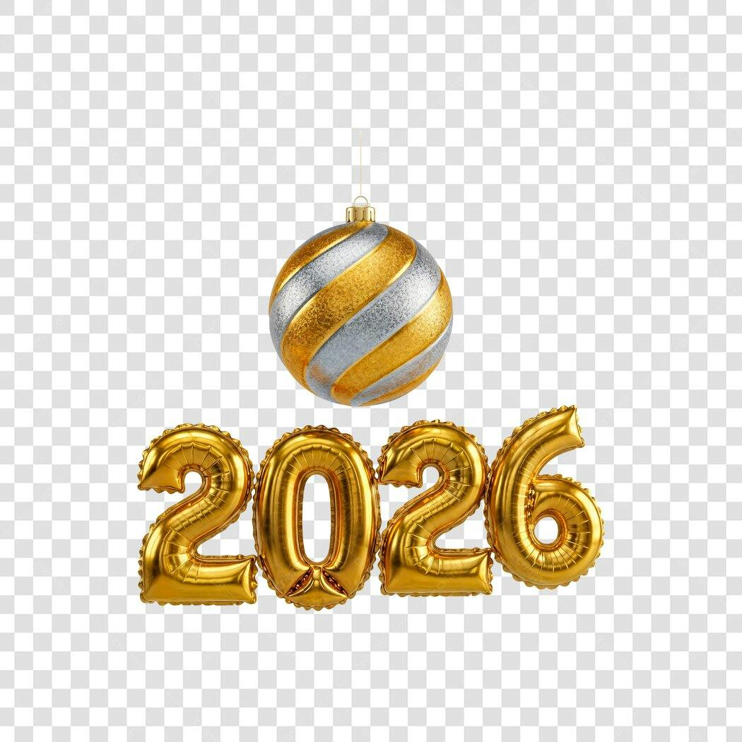Elemento Gráfico Ano Novo 2026 Balões Dourados e Ornamento PNG com fundo transparente