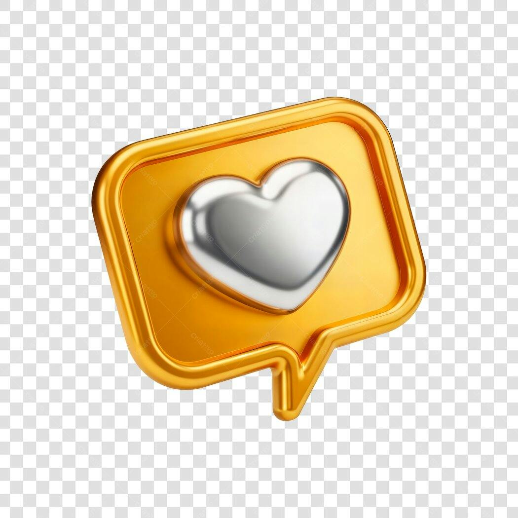 Ícone 3D de Curtir Redes Sociais Coração Prata Dourado PNG com fundo transparente