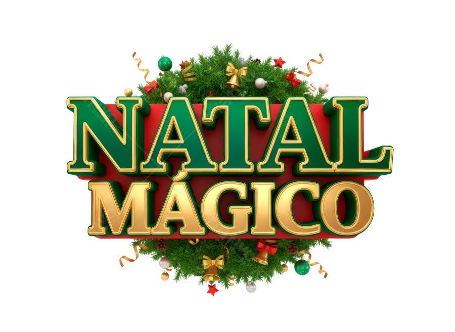 Selo 3D de destaque Natal Mágico metalizado dourado verde e vermelho ramos de pinho