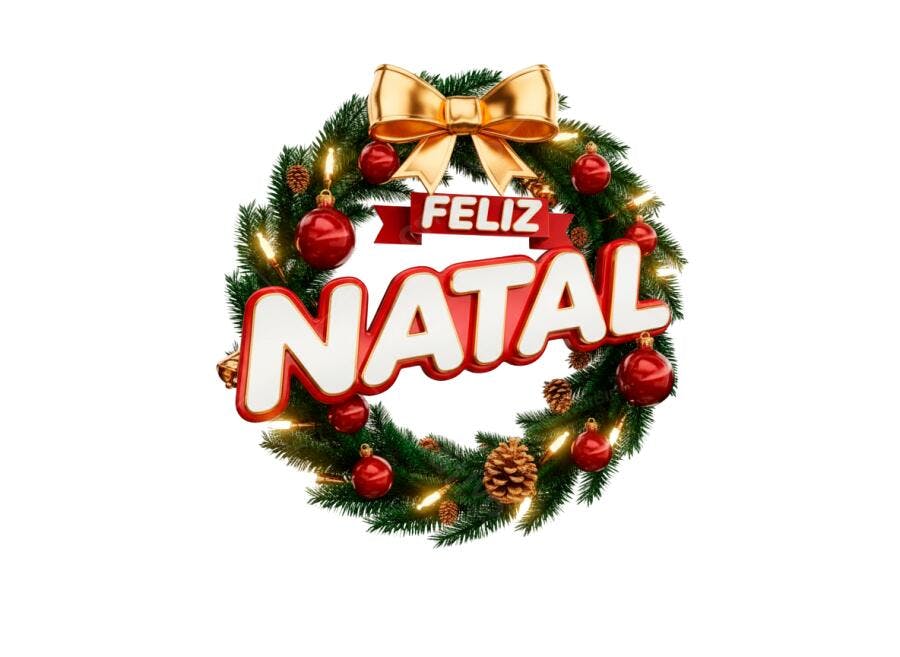 Selo 3D de Natal festivo com guirlanda verde laço dourado e bolas vermelhas