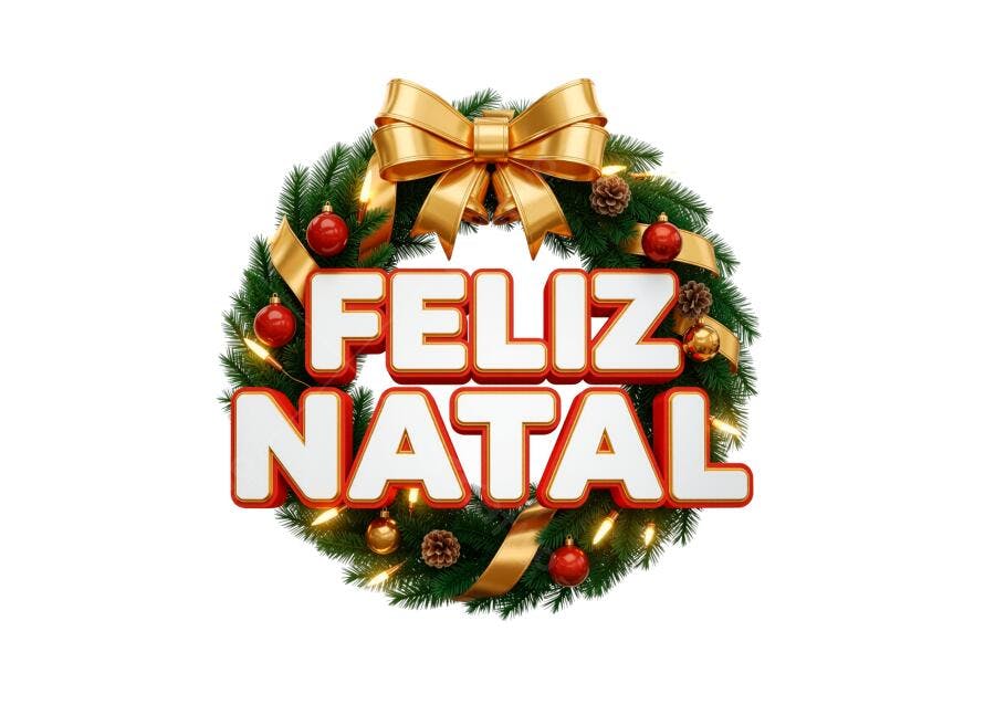 Selo 3D de Natal festivo com guirlanda verde laço dourado e bolas vermelhas