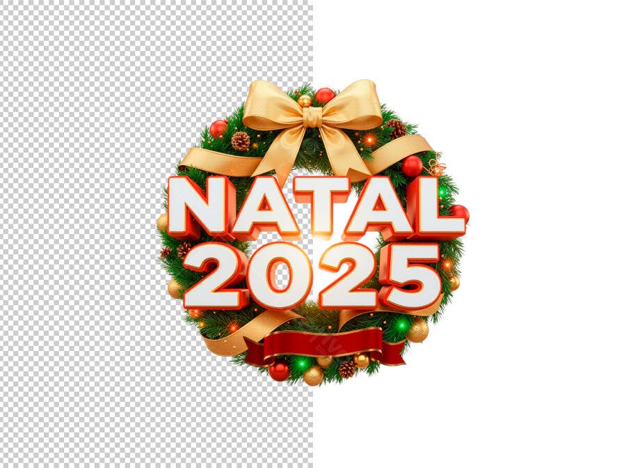 Selo 3D de Natal 2025 comemorativo coroa verde laço dourado e bolas vermelhas
