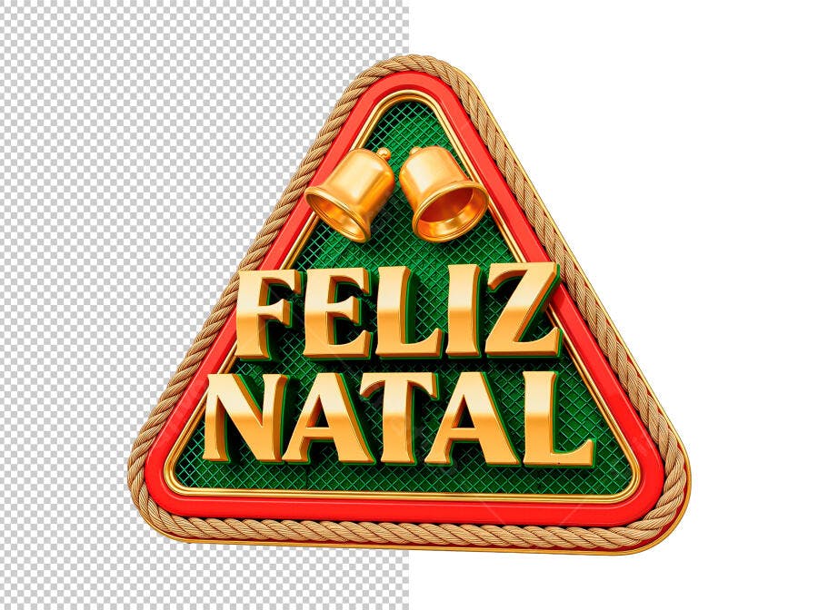 Selo 3D de Natal festivo triangular dourado com sinos e borda de corda
