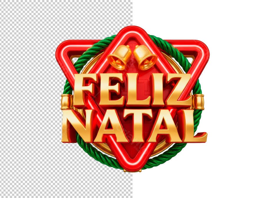 Selo 3D de Natal festivo dourado e vermelho com sinos e corda verde brilhante