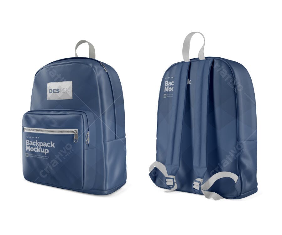 Mockup Realista de Mochila Azul Marinho com Alças Cinzas em Fundo Branco