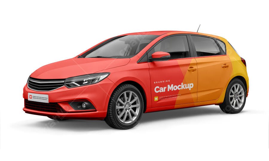 Mockup de Carro Hatchback Moderno Vermelho Laranja em Fundo Branco
