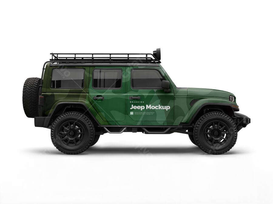 Mockup de Jeep Wrangler Verde Camuflado Realista para Branding Veicular e Adesivagem