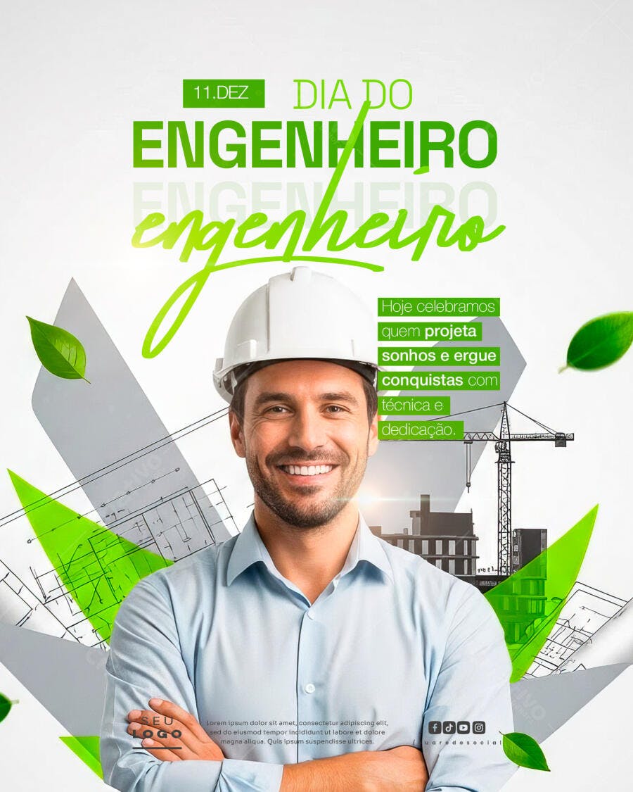 Post para Dia do Engenheiro Homem Engenheiro Capacete Verde PSD Editável