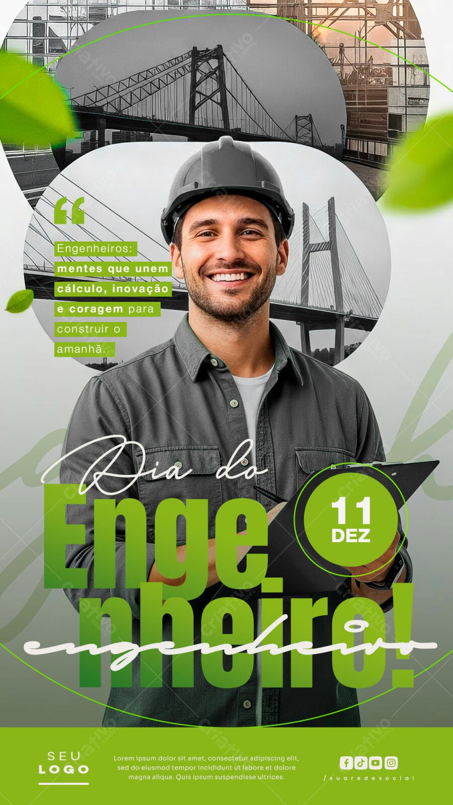 Flyer Dia do Engenheiro 11 DEZ com engenheiro sorrindo PSD Editável