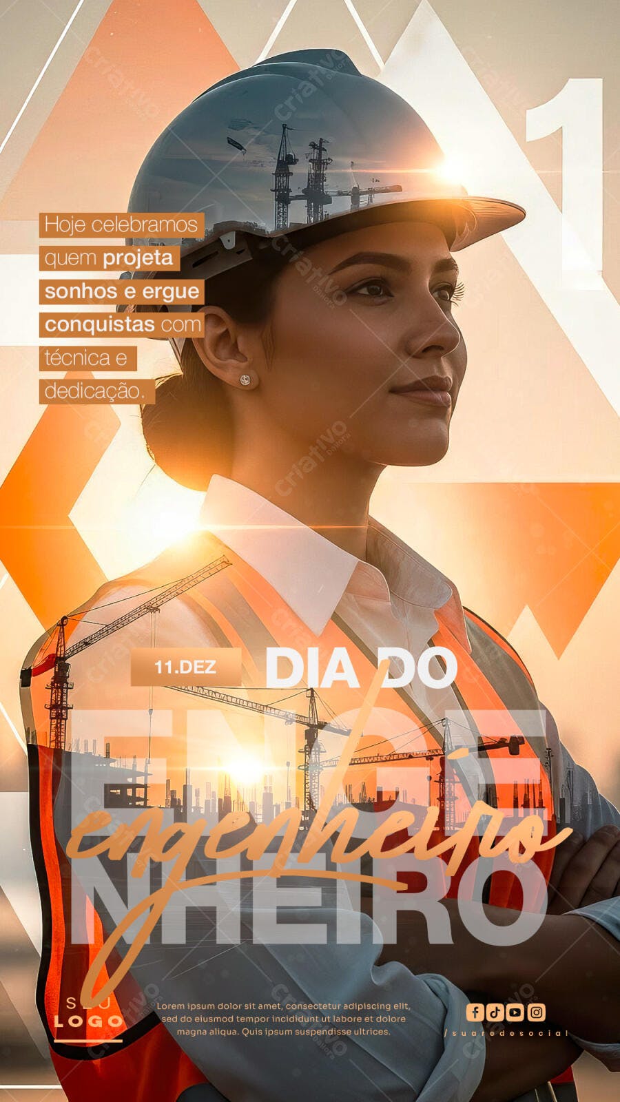 Flyer Dia do Engenheiro 11 de Dezembro Mulher Engenheira PSD Editável