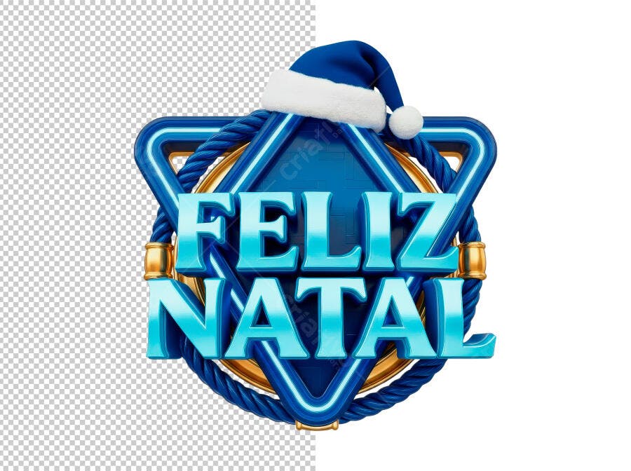 Selo 3D de Natal Feliz Natal festivo metalizado azul dourado com gorro