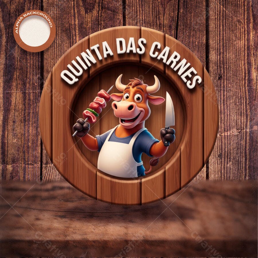 Emblema Logo Circular para Açougue Churrascaria Quinta das Carnes PSD Editável