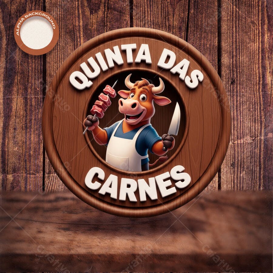 Logo Boi Açougueiro com Faca e Espeto Quinta das Carnes PSD Editável