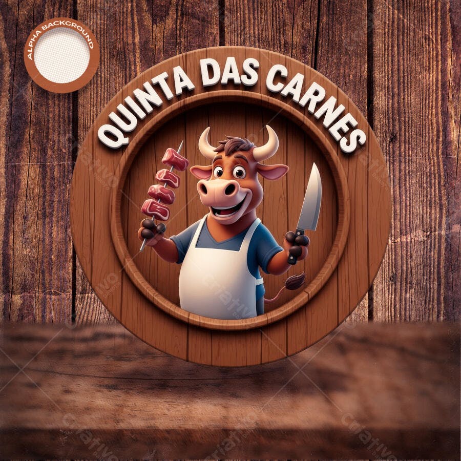Logo Mascote Boi Açougueiro com Espeto e Faca para Quinta das Carnes PSD Editável
