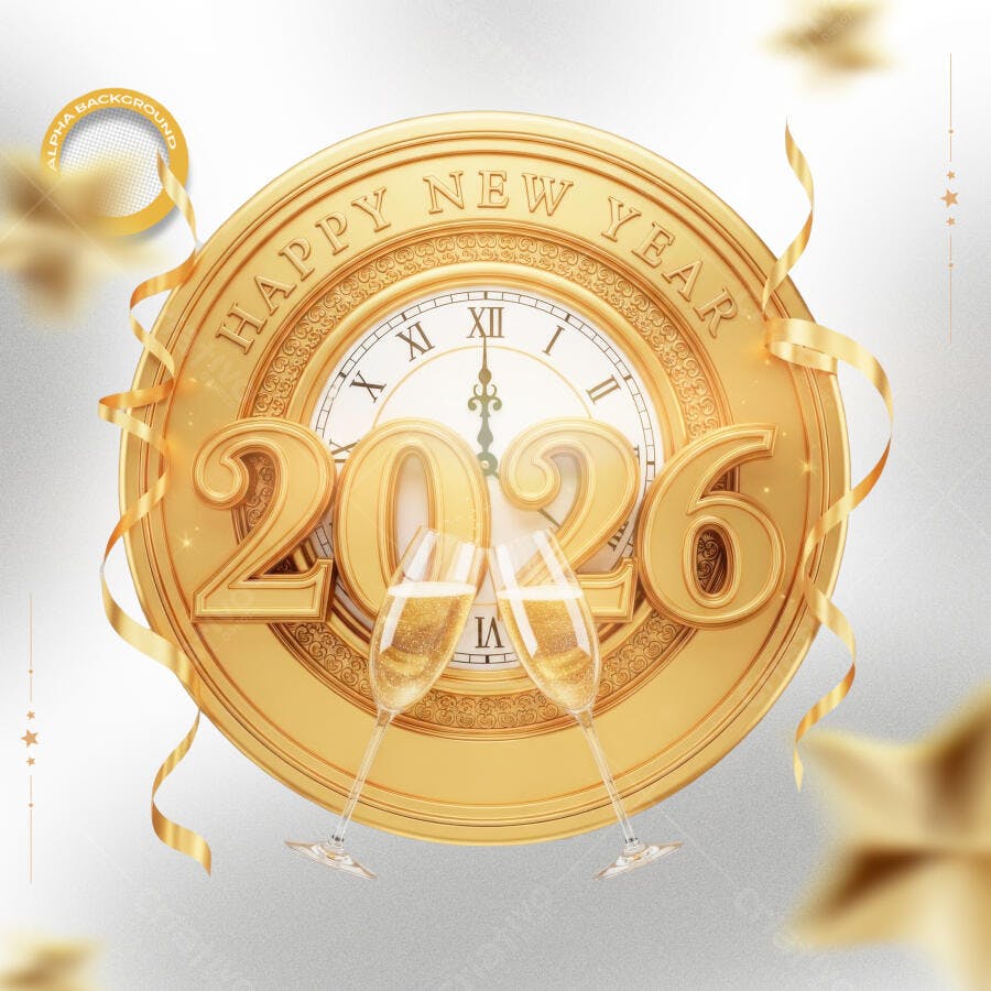 Gráfico de Celebração Ano Novo 2026 Dourado com Relógio PSD Editável