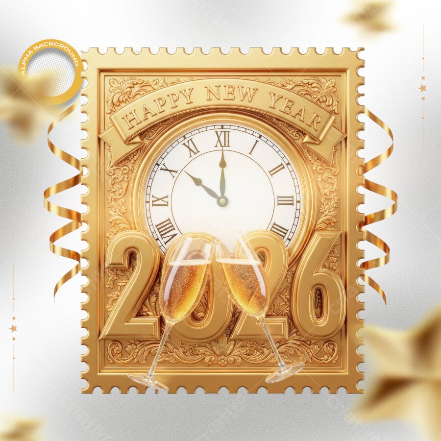 Cartão de Ano Novo 2026 Dourado com Relógio e Taças PSD Editável