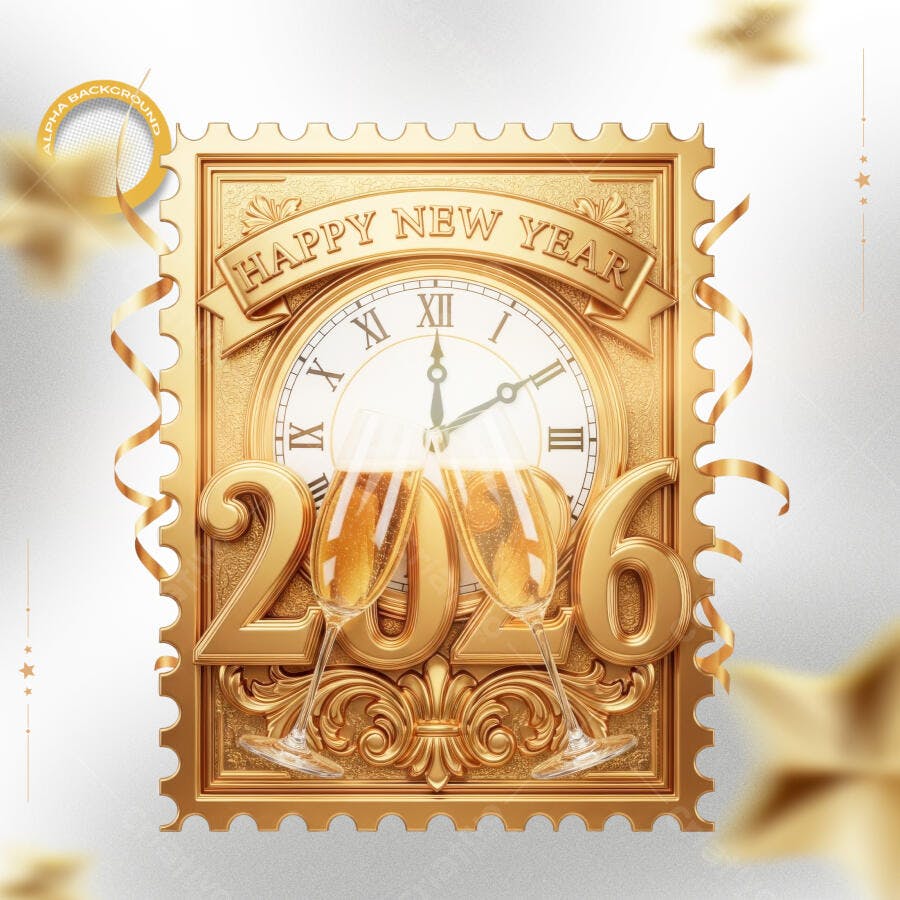 Arte Digital Dourada Ano Novo 2026 com Taças Champagne PSD Editável