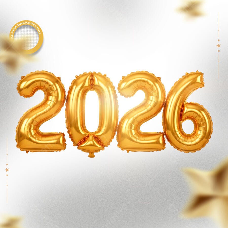 Elemento Gráfico Balões Dourados para Ano Novo 2026 PSD Editável
