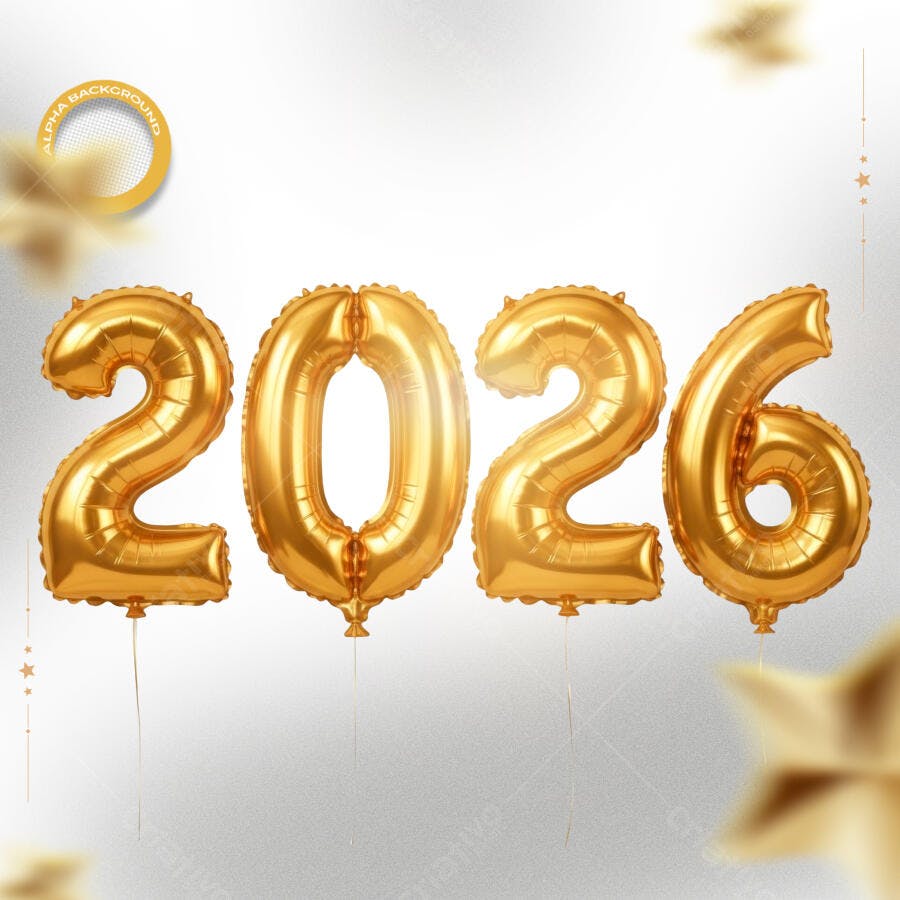 Balões Dourados 2026 para Ano Novo Celebração PSD Editável