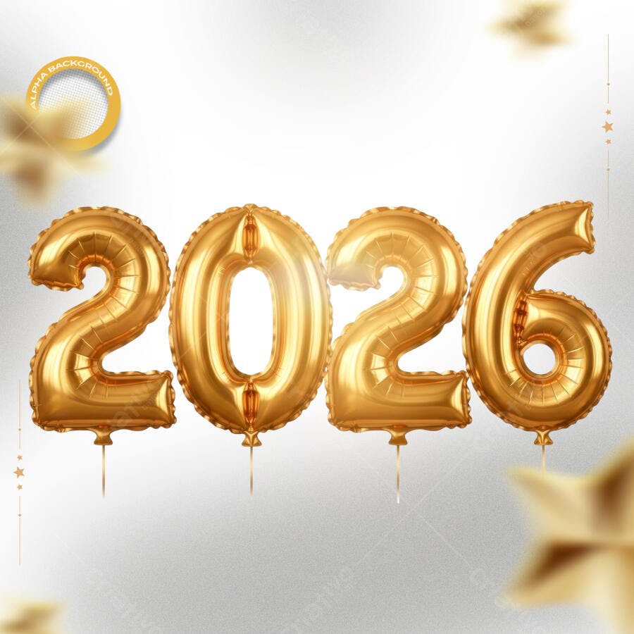 Elemento Gráfico Ano Novo 2026 Balões Dourados PSD Editável