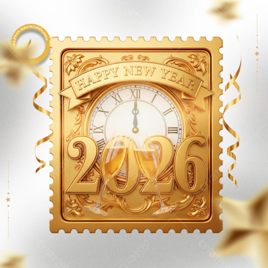 Flyer Ano Novo 2026 Dourado Relógio e Taças PSD Editável