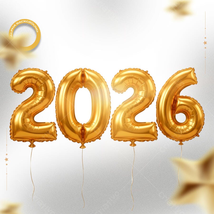 Elemento Gráfico Balões Dourados 2026 para Ano Novo PSD Editável