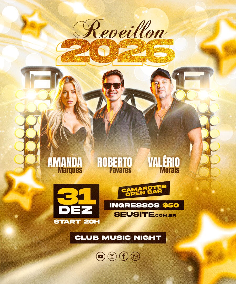 Flyer para Réveillon 2026 Club Music Night PSD Editável
