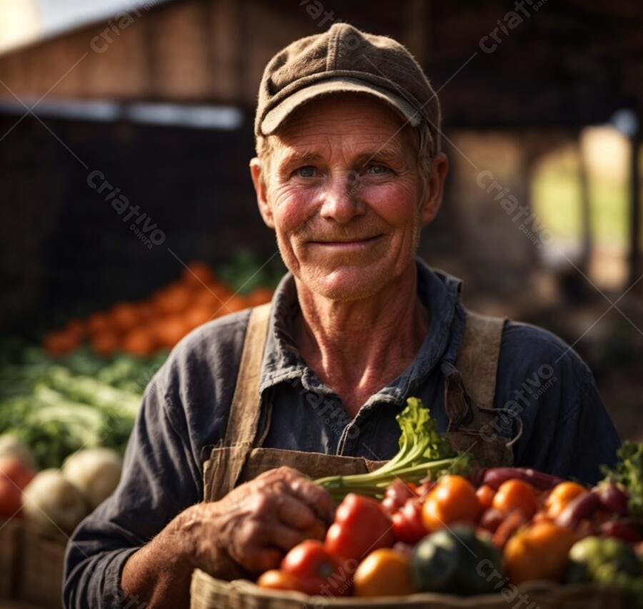 Homem fazendeiro sorrindo segurando cesta de vegetais frescos em feira rural